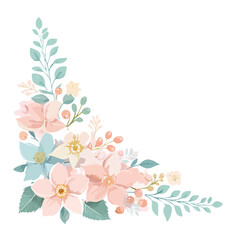 Fototapeta premium Floral Watercolor Corner Arrangement with Pink Peach Flowers and Blue Green Leaves