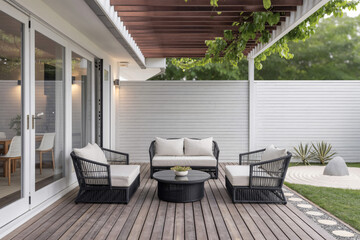 sleek backyard deck with dark wicker seating, ivory cushions, motorized pergola, zen garden elements