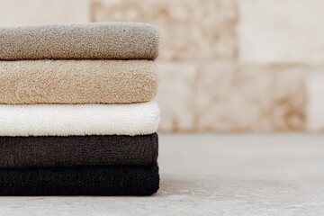 A collection of four luxurious towels arranged in a neat stack, showcasing shades of beige, white, and dark gray. The soft texture and minimalist setting create a sense of tranquility.