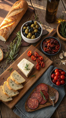 FlatLay of Italian Market Food – Olives, Salami, Sun-Dried Tomatoes and Bread
