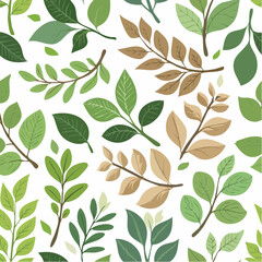 Seamless pattern of diverse green and tan leaves on white background for organic botanical design with natural elements