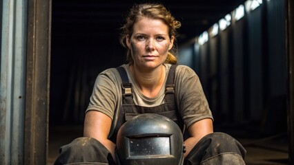 A determined woman in work attire sits with a welding helmet, showcasing her strength and resilience.