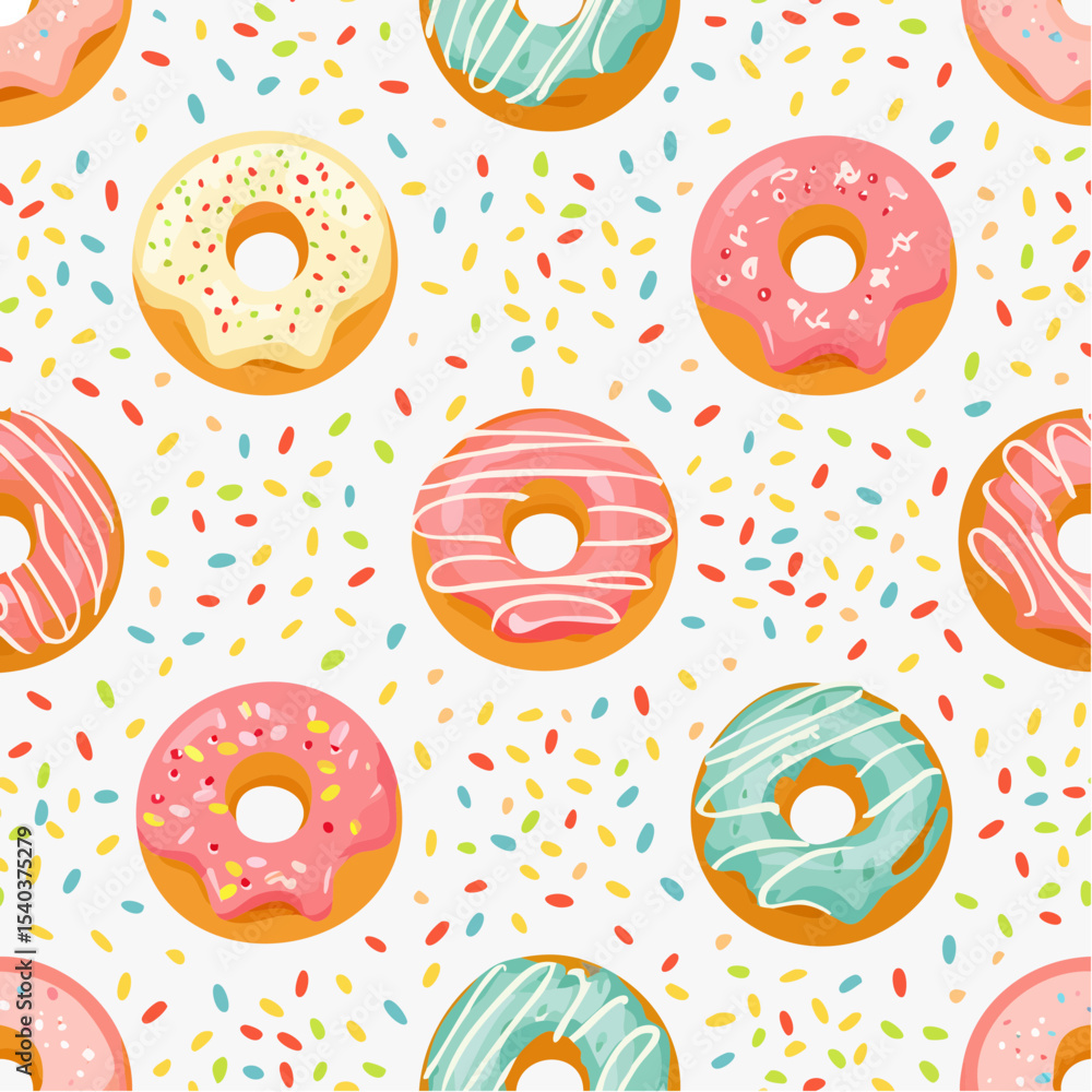 Poster seamless pattern of colorful donuts with different icing and sprinkles on white background