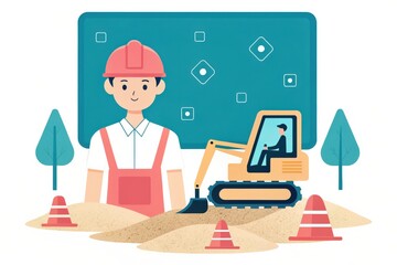 Construction worker with an excavator in a cartoon landscape setting.
