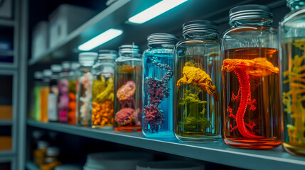 A striking laboratory shelf showcases an array of glass jars, each containing vibrant robotic-organic hybrid creatures