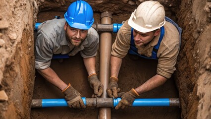 Two construction workers repairing pipes in a trench.