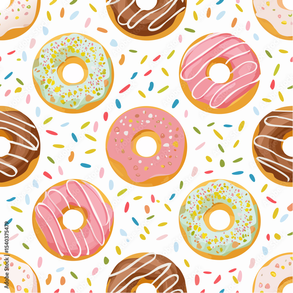 Poster seamless pattern with various donuts and sprinkles on a white background