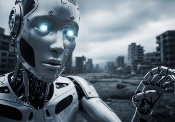 Futuristic robot exploring abandoned cityscape