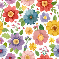 Colorful Floral Pattern with Dark Background, Seamless Spring Flower Repeat, Colorful Flowers on Black, Vector Art, Decorative Wallpaper