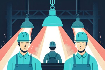 Illustration of workers in hard hats under bright industrial lights.