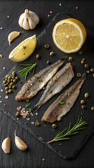 FlatLay with Mediterranean Anchovy Fillets, Capers, Garlic and Lemon on Slate
