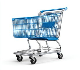 Chrome Shopping Cart with Blue Trim on White Background