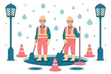 Two workers in rain gear manage water with cones and lamps around.
