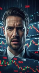 Stock market turmoil: concerned businessman analyzing fluctuating graphs