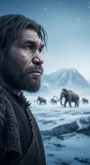 Prehistoric man in snowy landscape with mammoths in background