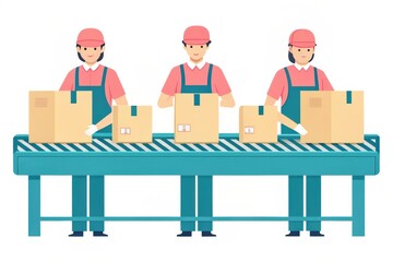 Three workers sorting packages on a conveyor belt in a warehouse setting.