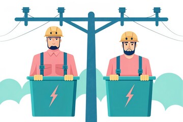 Two workers in buckets fixing power lines, wearing helmets and safety gear.