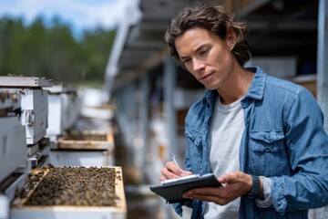 A beekeeper carefully records observations next to bustling beehives, emphasizing the importance of monitoring and caring for bee populations for healthy ecosystems.