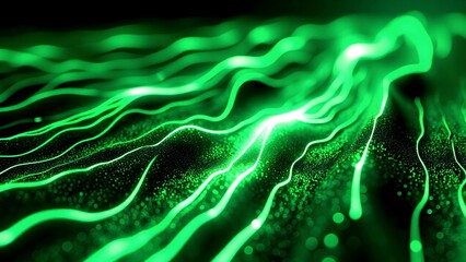 Obraz premium Abstract image of glowing green light trails flowing over a dark surface with small light particles, creating a dynamic and futuristic visual effect.