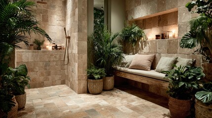 Naklejka premium Clean shower room interior with minimalistic shelving and wall-mounted fixtures in soft beige tones