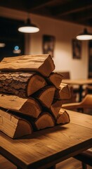 Cozy restaurant interior with stacked firewood as rustic decor