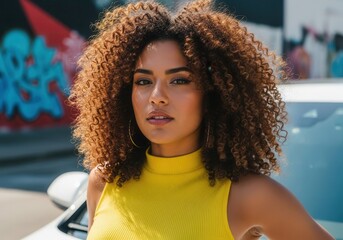 Woman standing car on urban street