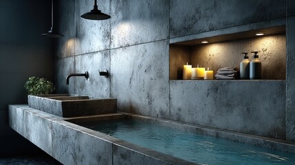 Modern shower setup with dual heads and sleek shelving, minimalist design with subtle reflections