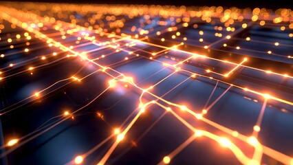 Fototapeta premium A glowing network of interconnected orange lights on a dark grid, symbolizing digital connectivity and advanced technology.