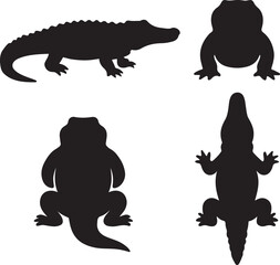 alligator silhouette icons set side, front, back, and top views vector art illustration