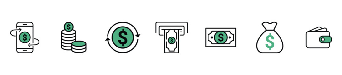 Set of money icon . containing cash, saving, wallet, transfer, withdraw icons. finance symbol for app, ui, website and design element. vector illustration. 