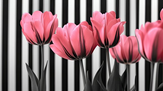 Vibrant pink tulips against a black and white striped backdrop
