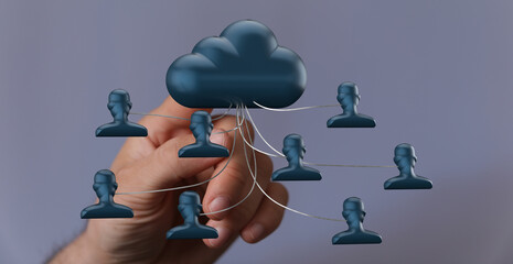 Image of a hand interacting with a cloud computing network, showcasing secure data sharing and...