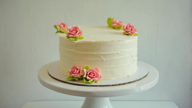 White frosted cake with delicate pink flower decorations on top, elegant and minimal, ideal for wedding, birthday or celebratory dessert visuals.	