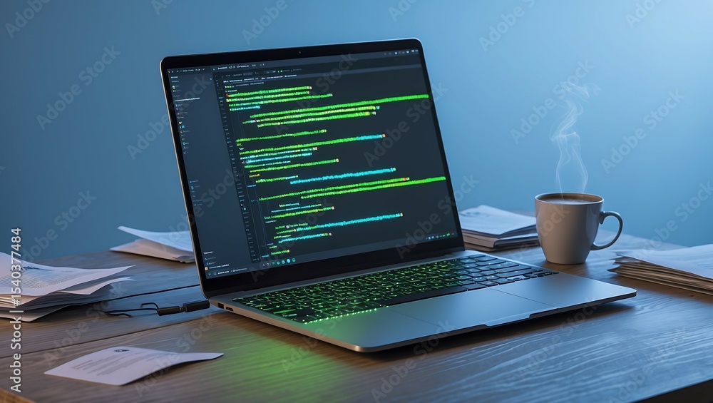Poster a programmer's workspace illuminated by laptop screen and steaming coffee mug