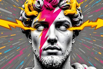 Mind-Bending Statue: A striking statue is brought to life with a surreal and electric fusion of vivid colors, abstract patterns, and a dynamic lightning bolt.