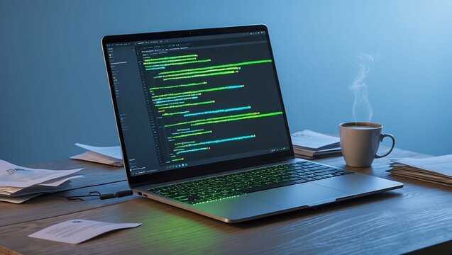 Laptop coding screen displaying programming code with a coffee cup