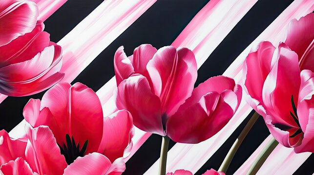 Vibrant pink tulips on a black and white diagonal striped background