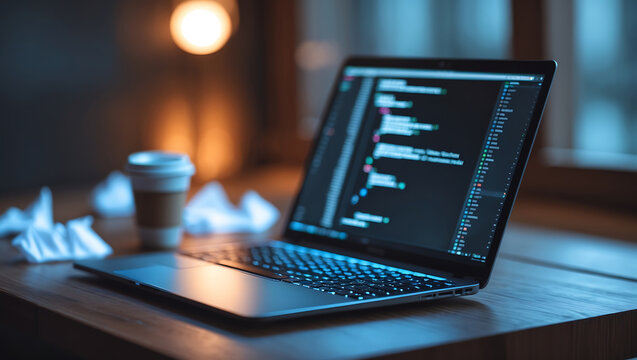 Laptop displaying code with coffee cup and crumpled tissues on a wooden desk working late.