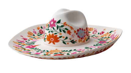 Elegant Sombrero: A beautifully crafted sombrero hat adorned with intricate floral patterns rests, showcasing cultural artistry and design, perfect for any collection or display.