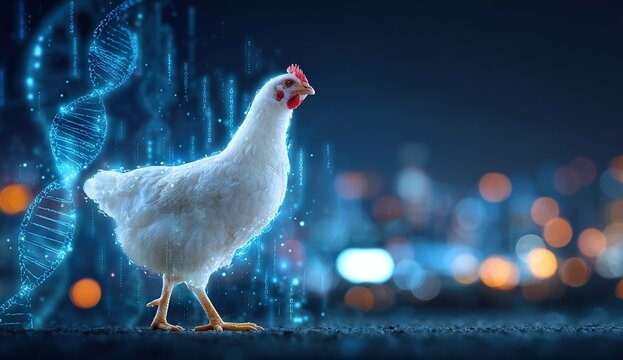 DNA modification in chickens. A white chicken stands, surrounded by glowing DNA strands and blue digital code patterns. The background is dark, with blurred city lights in the distance.