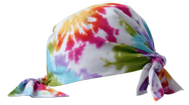 Vibrant Tie-Dye Bandana: A close-up shot captures a brightly colored bandana, the tie-dye pattern swirling with a kaleidoscope of hues. The bandana is a symbol of freedom and self-expression. 