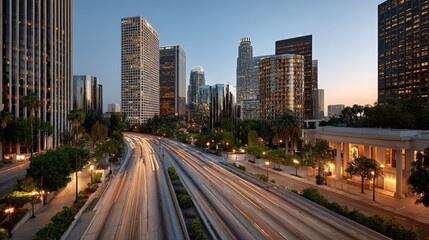 Obraz premium Los Angeles Freeway Light Trails at Dusk with Skyscrapers