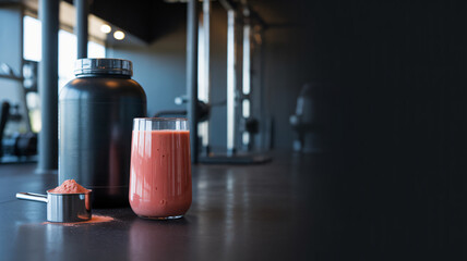 strawberry protein drink and supplement powder tub in a gym setting