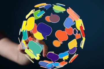 Abstract image of colorful speech bubbles forming a global network, representing communication and connection.