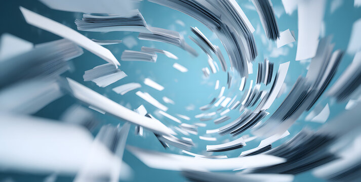 Numerous documents flying in a vortex pattern with motion blur effect, light blue background, symbolizing business data overload or digital transformation. 