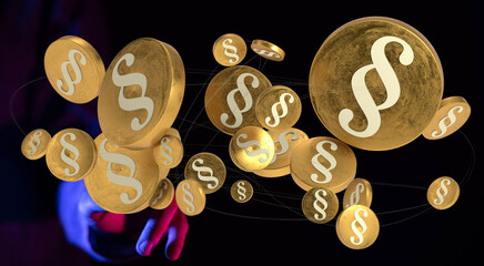 Abstract 3D rendering of gold coins with paragraph symbols. Ideal for legal, finance, and law...