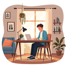 Freelancer working remotely at a cozy home office with coffee, plants, and laptop flat illustration vector style