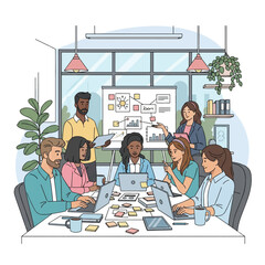 A diverse team of professionals collaborating on a startup project in a modern office setting, flat vector style