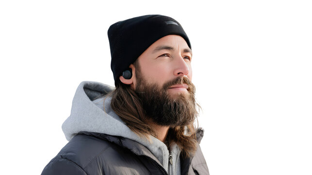 Serene Contemplation: A man is captured in a moment of tranquil thought, wearing a beanie and earbuds, gazing up towards the sky, enveloped in a peaceful scene.