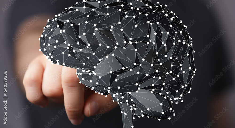 Poster image of a 3d polygonal brain, representing ai, neural networks, or human intelligence.
